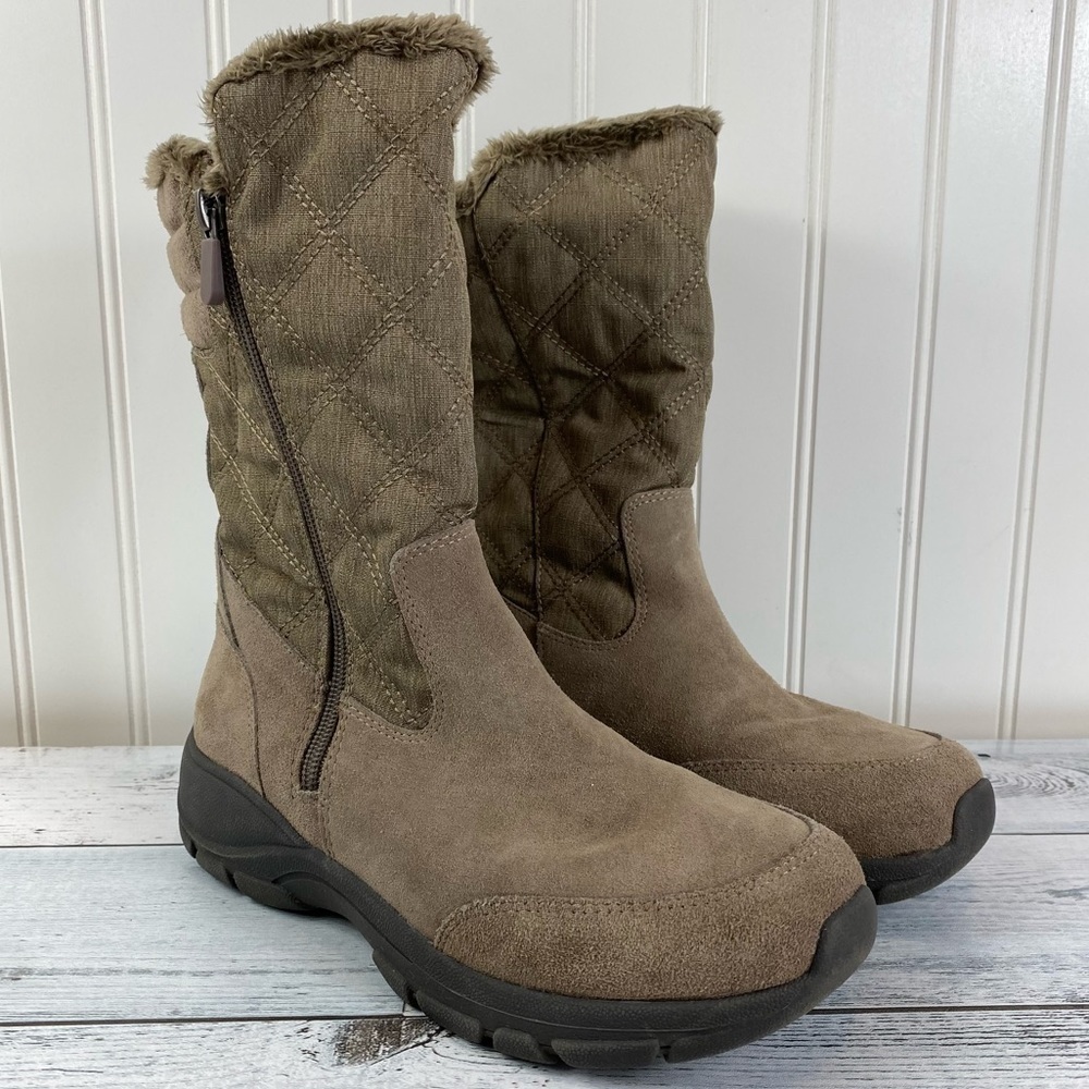 Lands End Boots Tan Suede All Weather Quilted Zip Winter Boots Women’s‎ 7 B